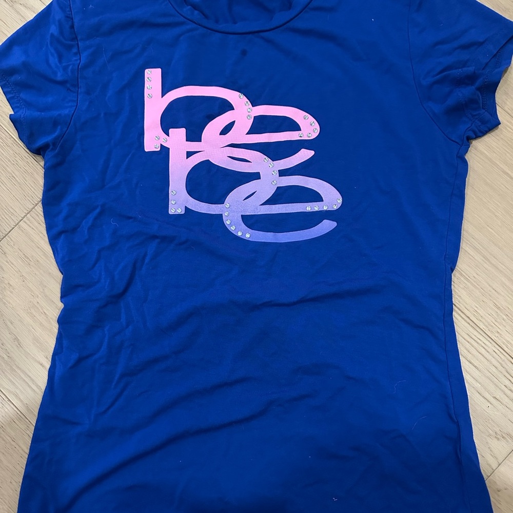 Bebe Blue Tee with Pink and Purple Logo